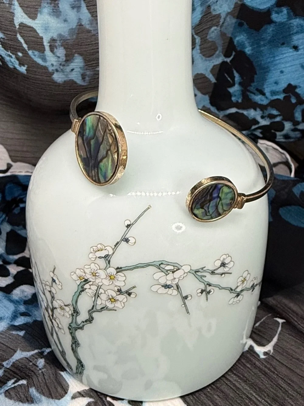 Abalone Shell Cuff Bracelet in Brushed Gold Tone. Delicate. Boho Chic